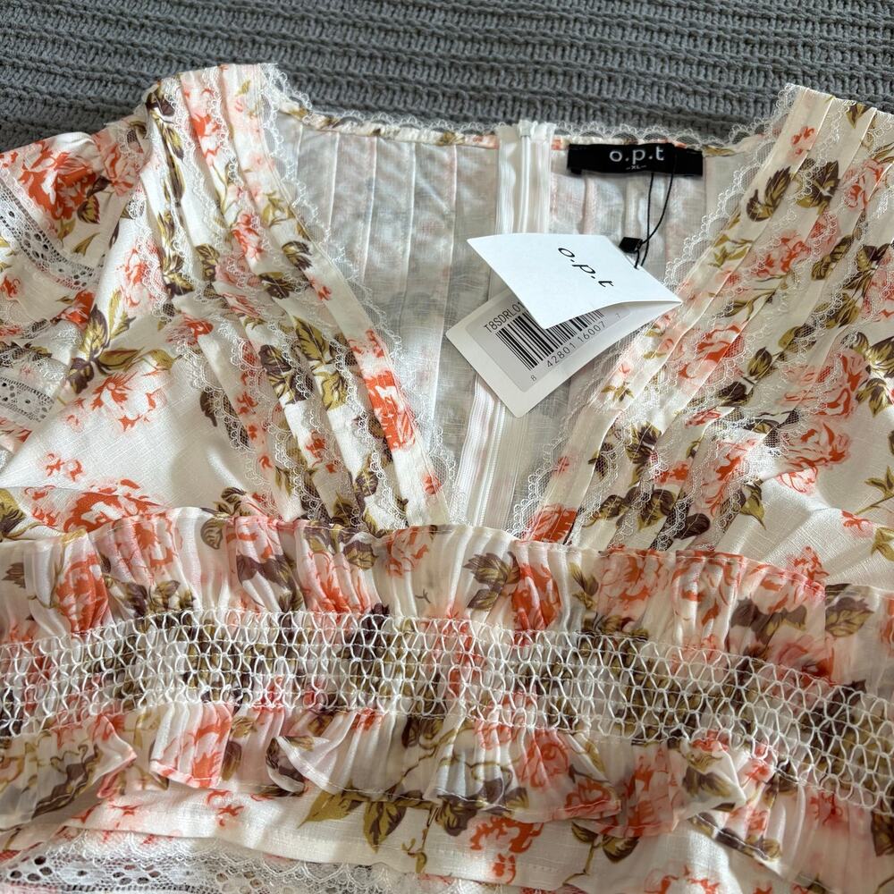 O.P.T. Flora Floral Print Ruffled Long Sleeve Bodycon Mini Dress Sz XL Coquette - Picture 9 of 10